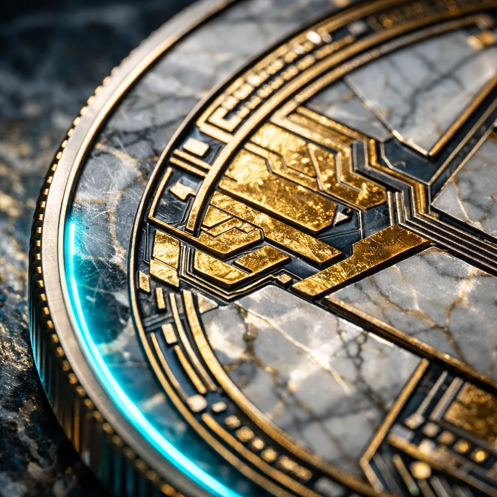 Gouden Bitcoin munten op marmer met geometrische lijnen